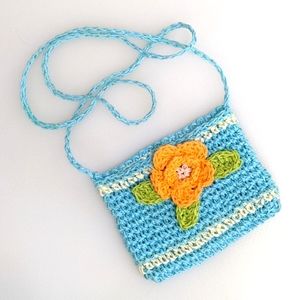 Small Blue Vintage Crocheted Shoulder Bag with Soft Sherbet Orange Flower 🏵️